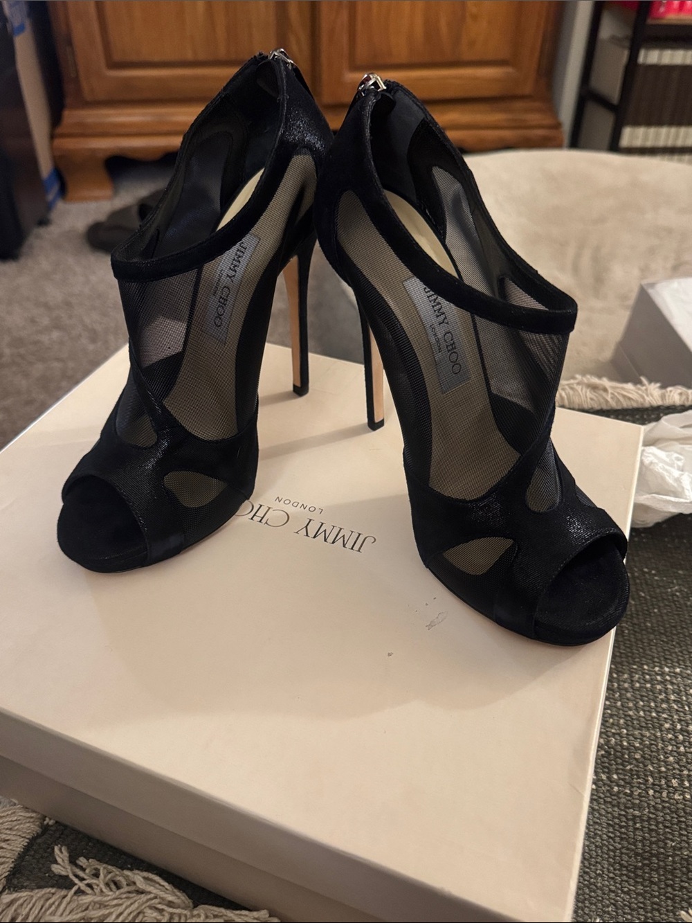 Jimmy Choo Black Mesh & Suede Peep-Toe Stiletto Heels